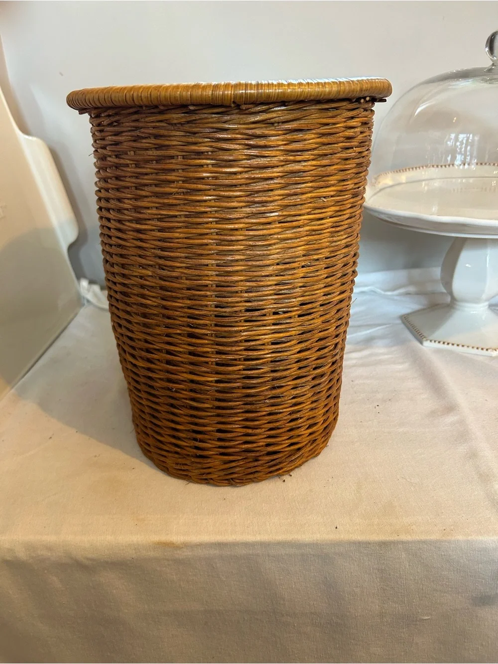 Woven Rattan Storage Basket with rope trim - Brown, trash can